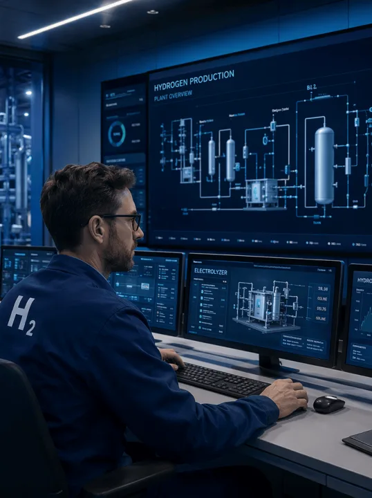 Operator monitoring a hydrogen production plant from a control room
