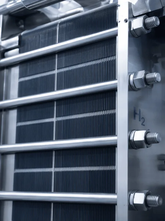 Close-up of a PEM electrolyser stack with H₂ marking